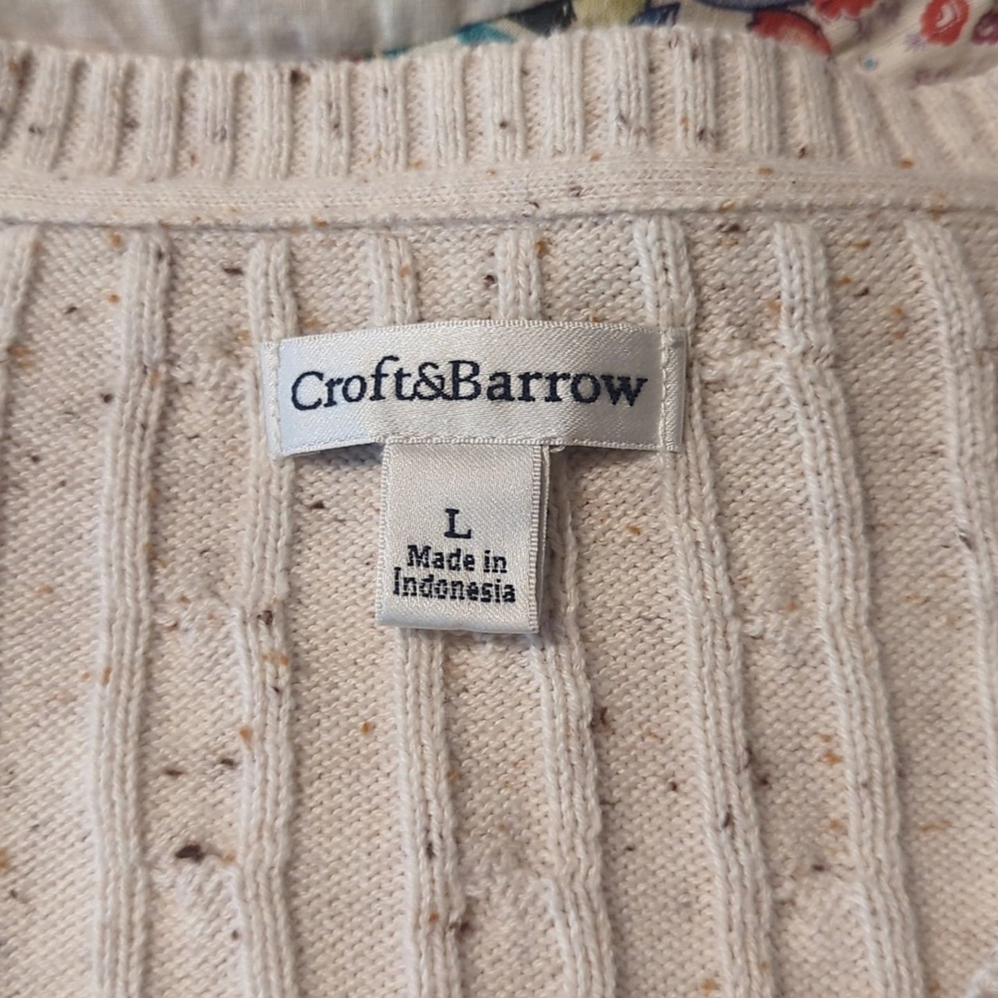 Croft & Barrow Cream Brown Speckled Cable Knit V-Neck Pullover Sweater Sz L