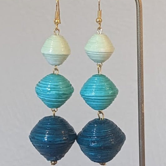 Handcrafted Colors of Teal Paper Bead Dangle Earrings Made in Uganda