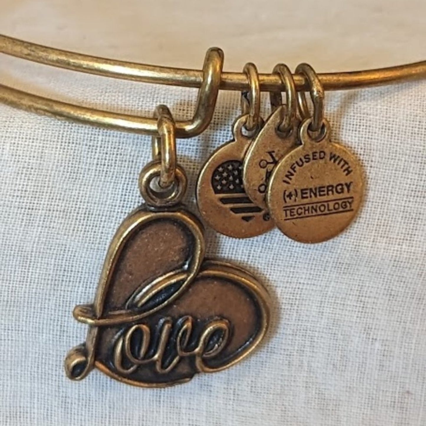 Alex and Ani Love Heart Charm Adjustable Slide Gold Tone Bangle Bracelet