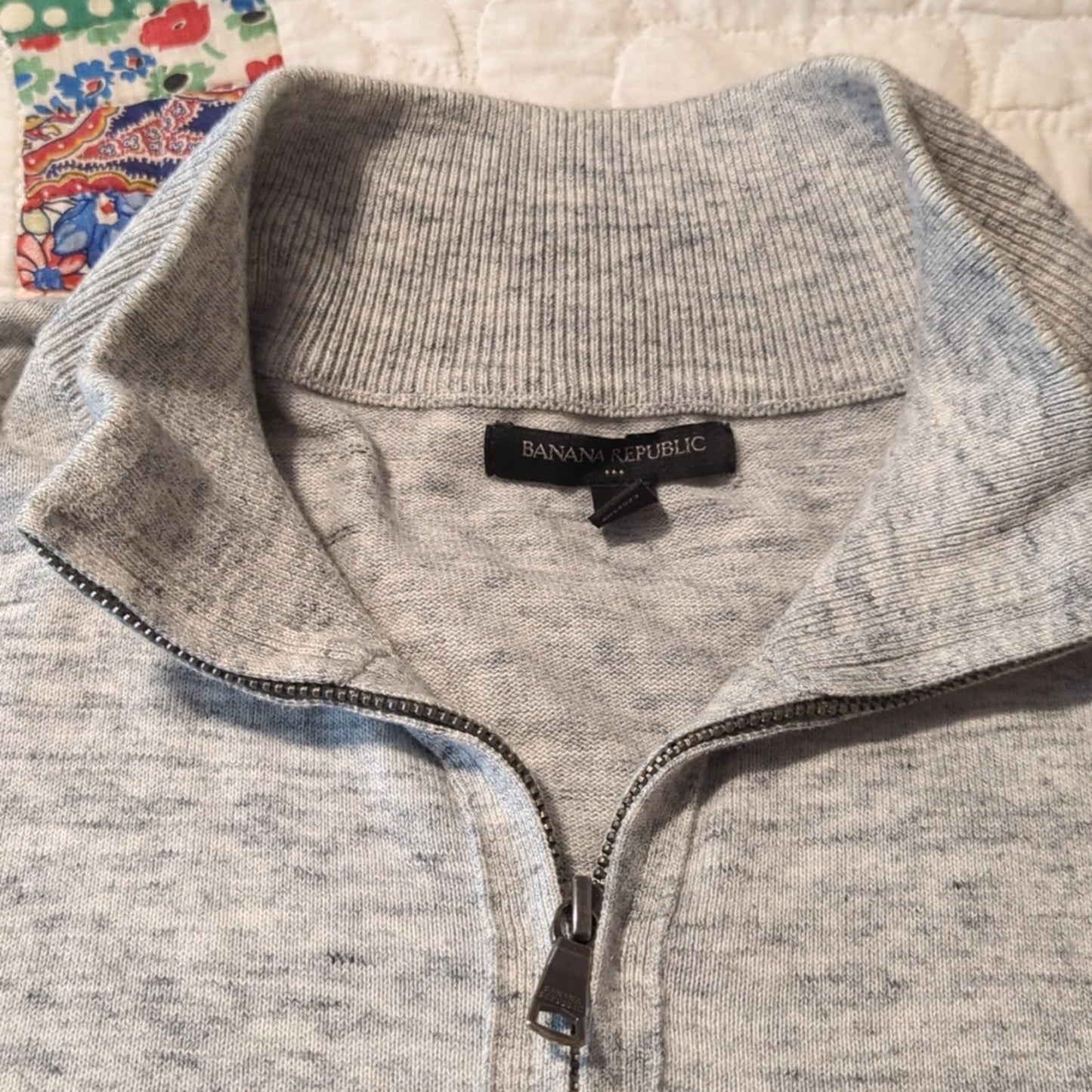 Banana Republic Men's XL Gray Mottled 100% Cotton Full Zip Ribbed T-Neck Sweater
