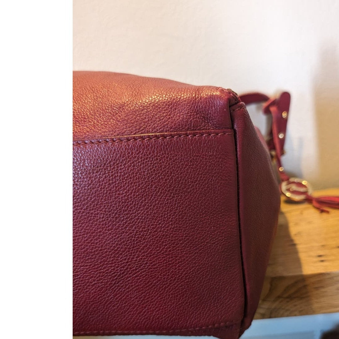 Varriale Dark Red Italian Leather Double Front Gold Zipper Bucket Shoulder Bag