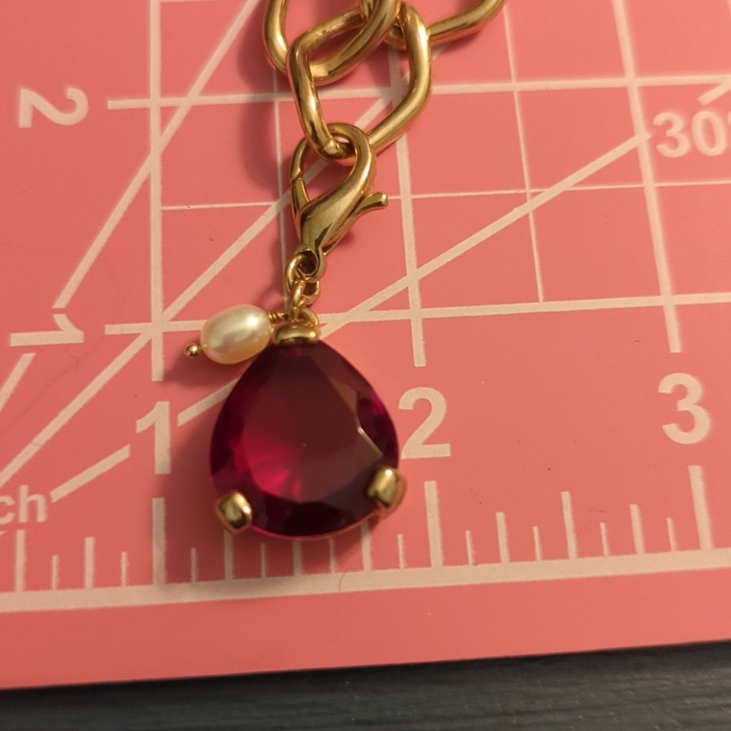 Monet Red Teardrop Crystal Charm Gold-Tone Chain Toggle Clasp Bracelet 6.5-6.75"