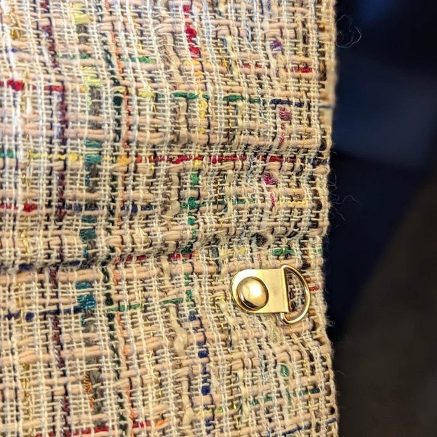 Cream Tweed Fold Over Bag. Gold Tone Hardware and Chain with White Satin Lining