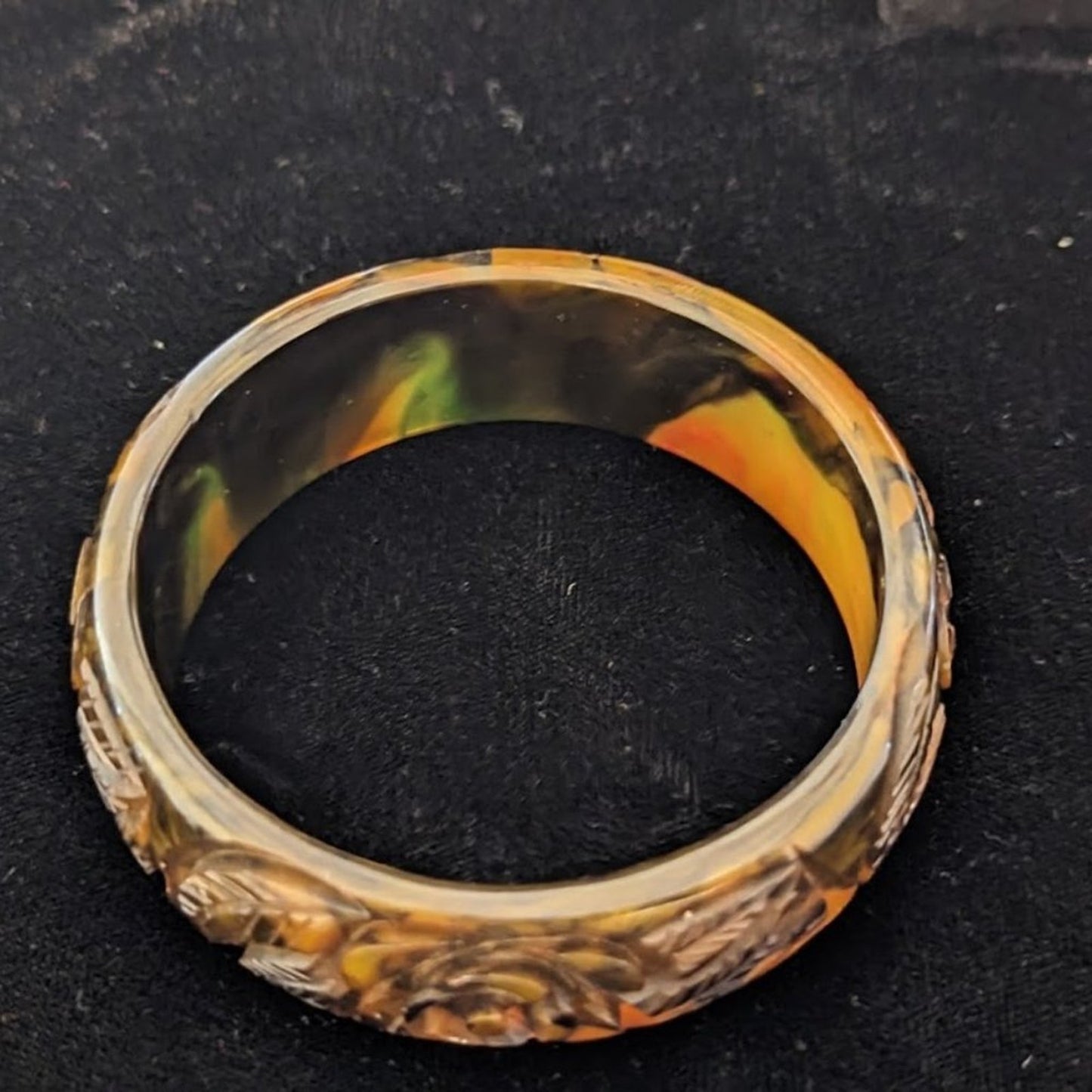 Bakelite! Rare Carved Translucent End of Day Roses Bakelite Bangle Bracelet