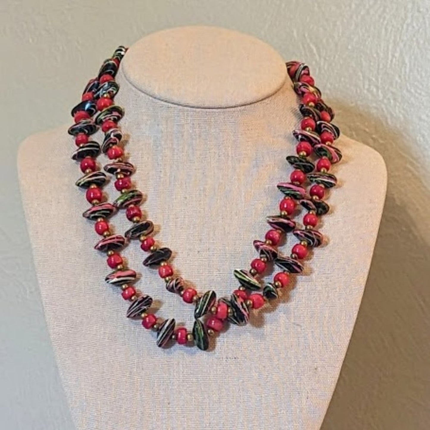 Vintage Hand-Painted & Red Glass Bead Necklace