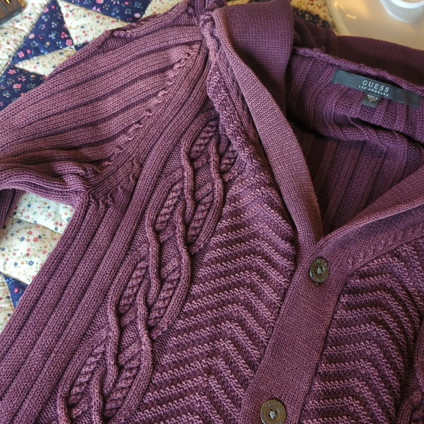 Guess Cabled Button Front Shawl Collar Distressed Purple Cardigan Women's Size M